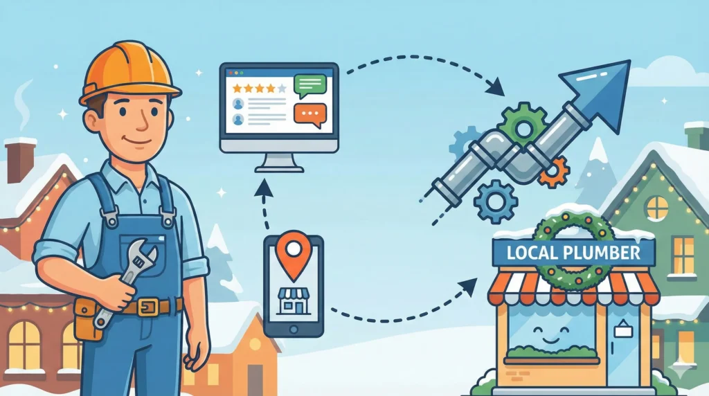 Illustration showing a local plumber connected to online reviews and Google Maps visibility