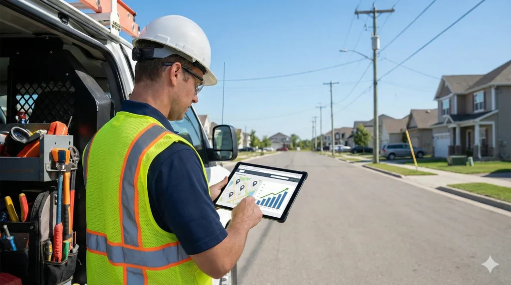 Electrician using tablet by service vehicle.