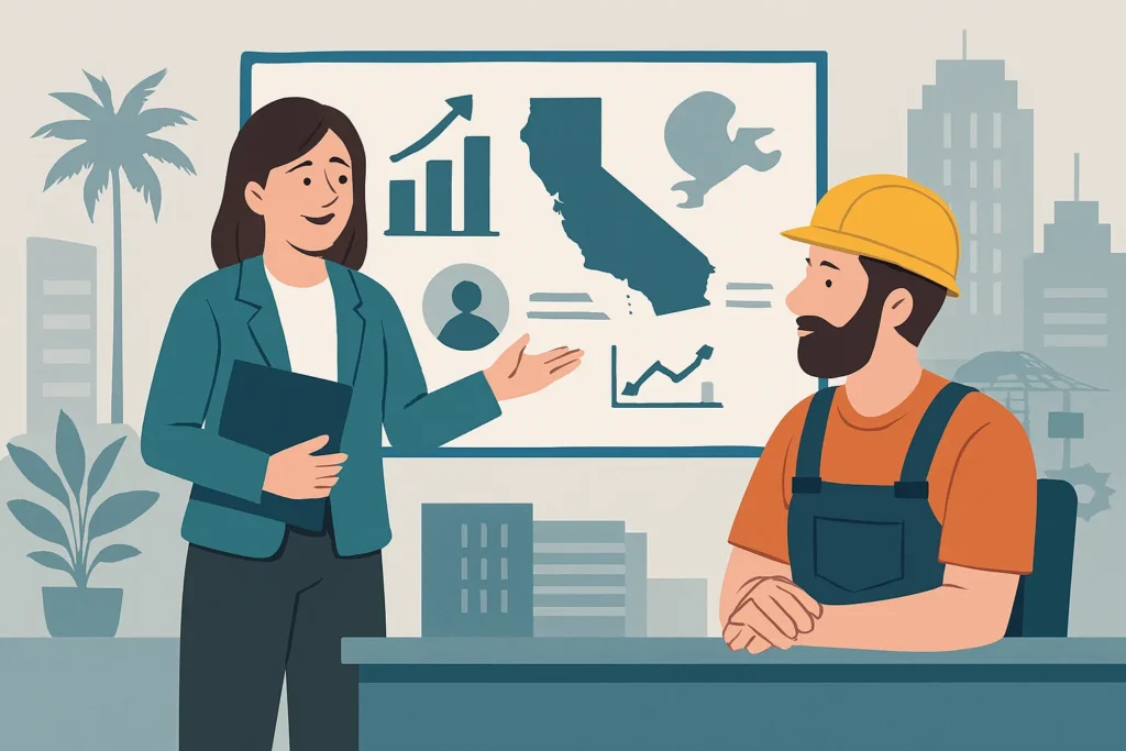 Consultant advising trade business owner.