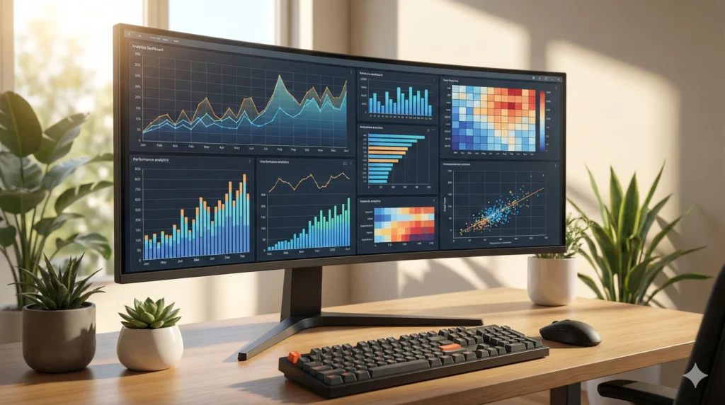Data dashboards on a sleek monitor
