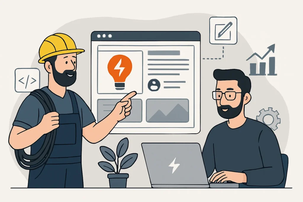 A flat-style illustration of an electrician in a hard hat holding a coil of wire, pointing at a website wireframe while discussing design with a bearded web developer sitting at a laptop.