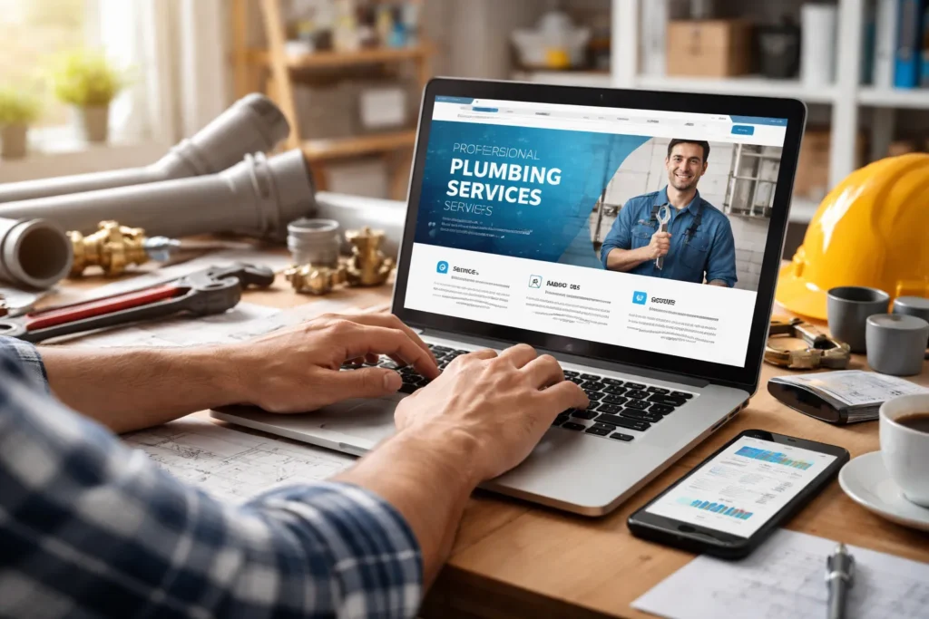 Plumber viewing website on laptop