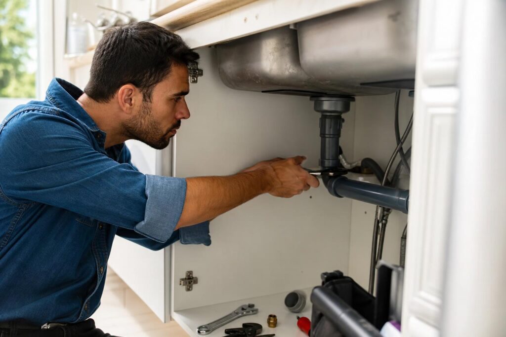 Male plumber in a blue denim shirt using a wrench to repair pipes under a white kitchen sink.