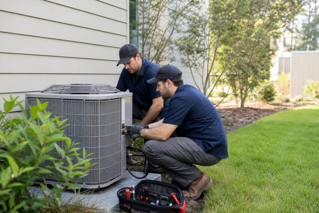 Two HVAC technicians in blue uniforms and caps inspect an outdoor air conditioning unit next to a residential house.