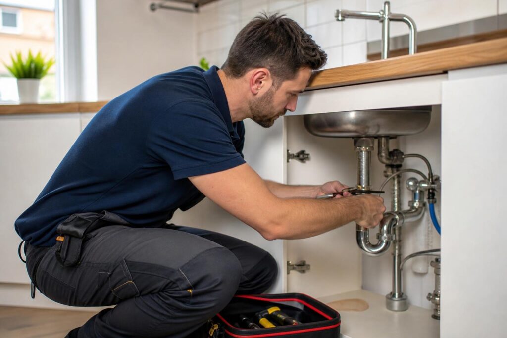 Professional plumber in a navy polo shirt kneeling to repair a kitchen sink drain with a wrench.