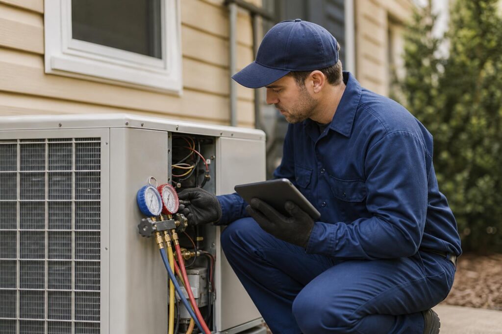 HVAC technician in blue uniform using a digital tablet while inspecting an outdoor air conditioning unit with pressure gauges.