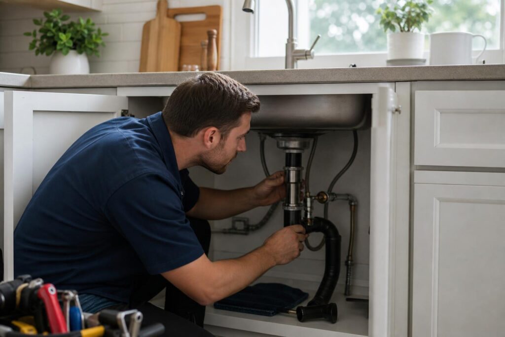 Professional plumber in a blue shirt repairing pipes under a kitchen sink in a bright, modern home.