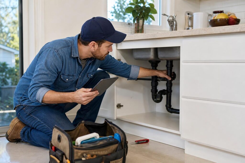 Plumber in a blue cap and denim shirt holding a tablet while inspecting pipes under a kitchen sink next to a tool bag.