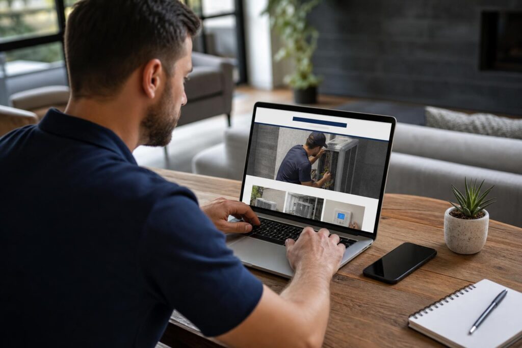 Man at a wooden desk viewing an HVAC contractor's website on a laptop, featuring images of air conditioning repair and maintenance.