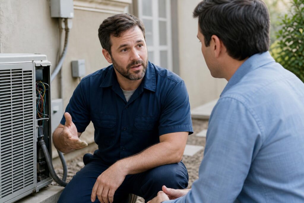 HVAC technician in a blue uniform explaining repairs to a homeowner while kneeling next to an outdoor air conditioning unit.
