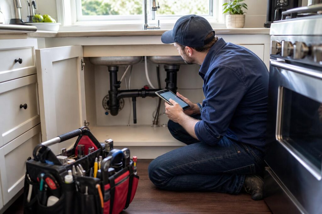 Plumber in a blue uniform and cap kneeling in a kitchen, using a digital tablet to inspect pipes under a sink next to a red tool bag.