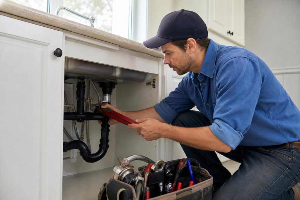 Plumber in a blue shirt and cap using a red pipe wrench to repair a kitchen sink drain next to a full tool bag.